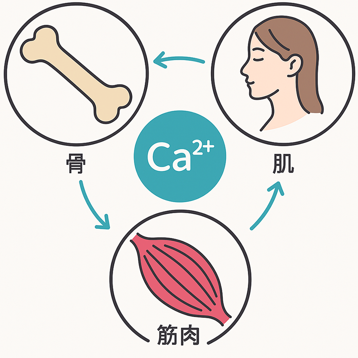 骨、肌、筋肉はじめ、体全体にカルシウムイオンが関与している。
