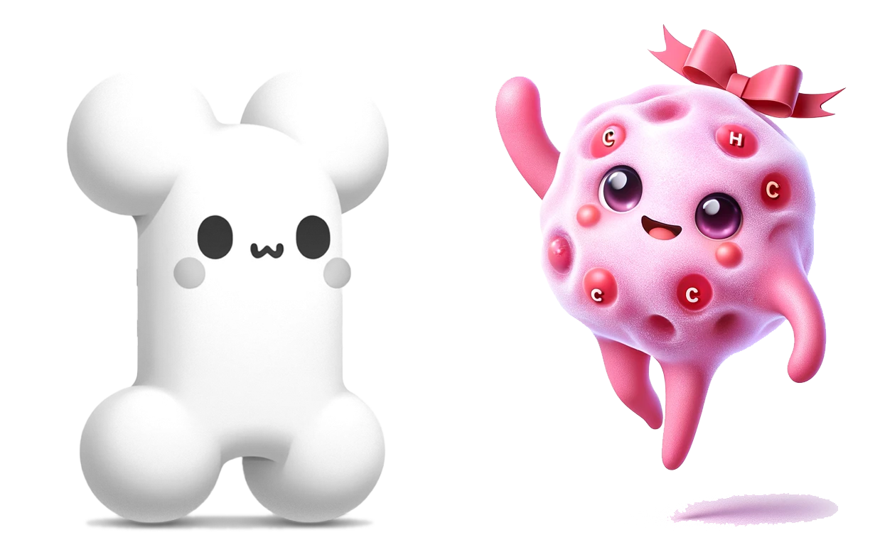 キャラクター「こぼねちゃん」と「セルちゃん」