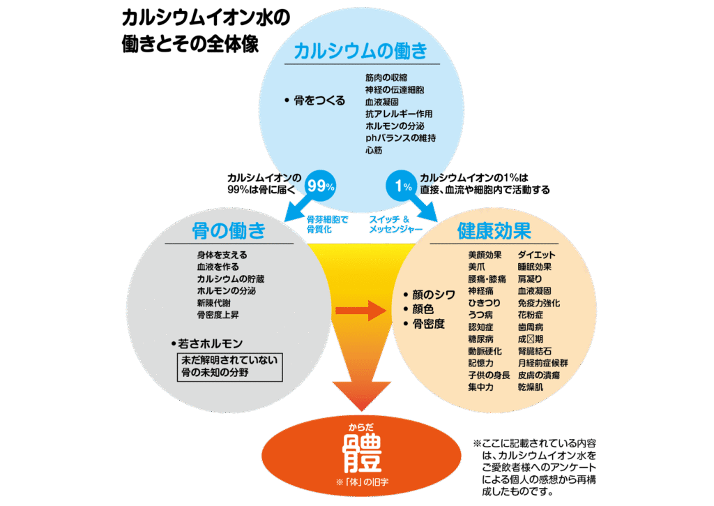 お客様の声から「カルシウムイオン水の働きとその全体像」から再構成した図