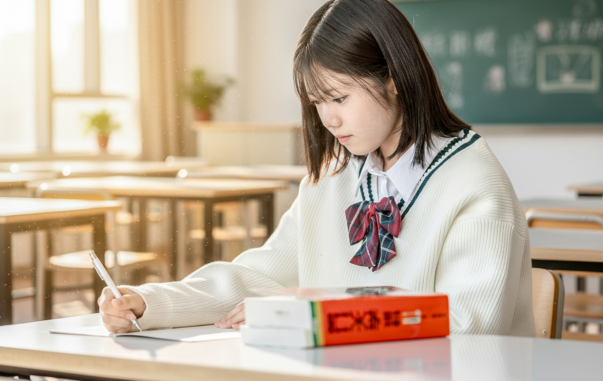 教室で勉強に集中する女子生徒の写真