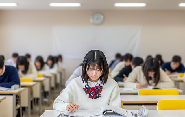 学生が試験を受けている会場風景の画像