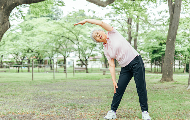 公園で準備体操をする高齢女性の画像