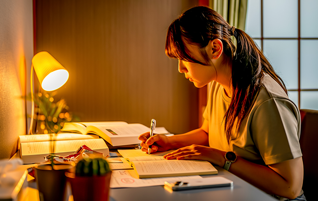 自室で夜遅くまで勉強する女子学生の画像