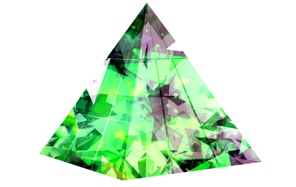 トライアングルを象徴する緑の葉っぱを写し込んだ三角錐の3D画像