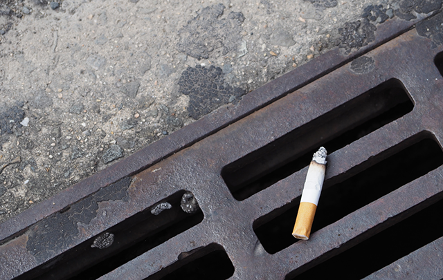 側溝排水版の上にポイ捨てされた１本のタバコの画像