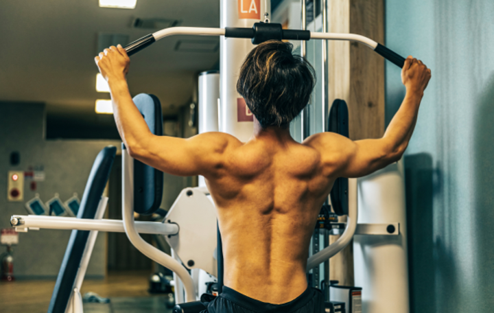 ジムで筋肉粒々となった男性の背中の画像