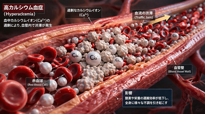 高カルシウム血症の状態のをイメージした血管内部のの解剖図（画像）