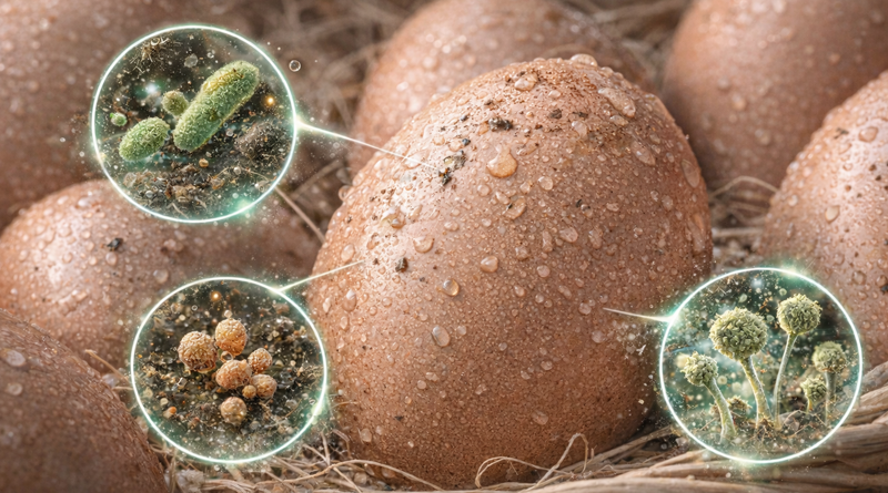 卵の殻の表面にはさまざまな微粒子が付いている様のイメージ画像