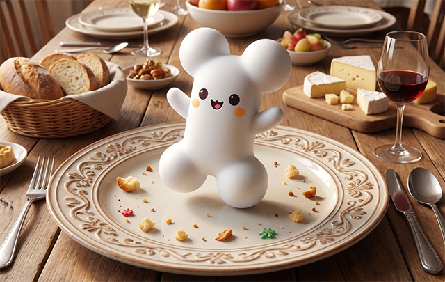 お皿を舞台に踊る当WEBサイトのキャラクター「こぼねちゃん」、骨とカルシウムのシンボルです。