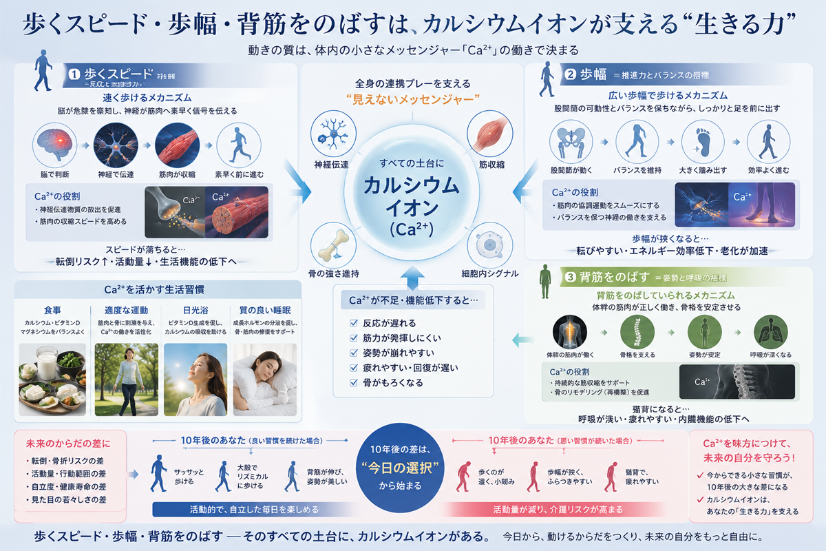 歩速、歩幅、背筋の３つの機能とカルシウムイオンの相関関係を示すモデル図
