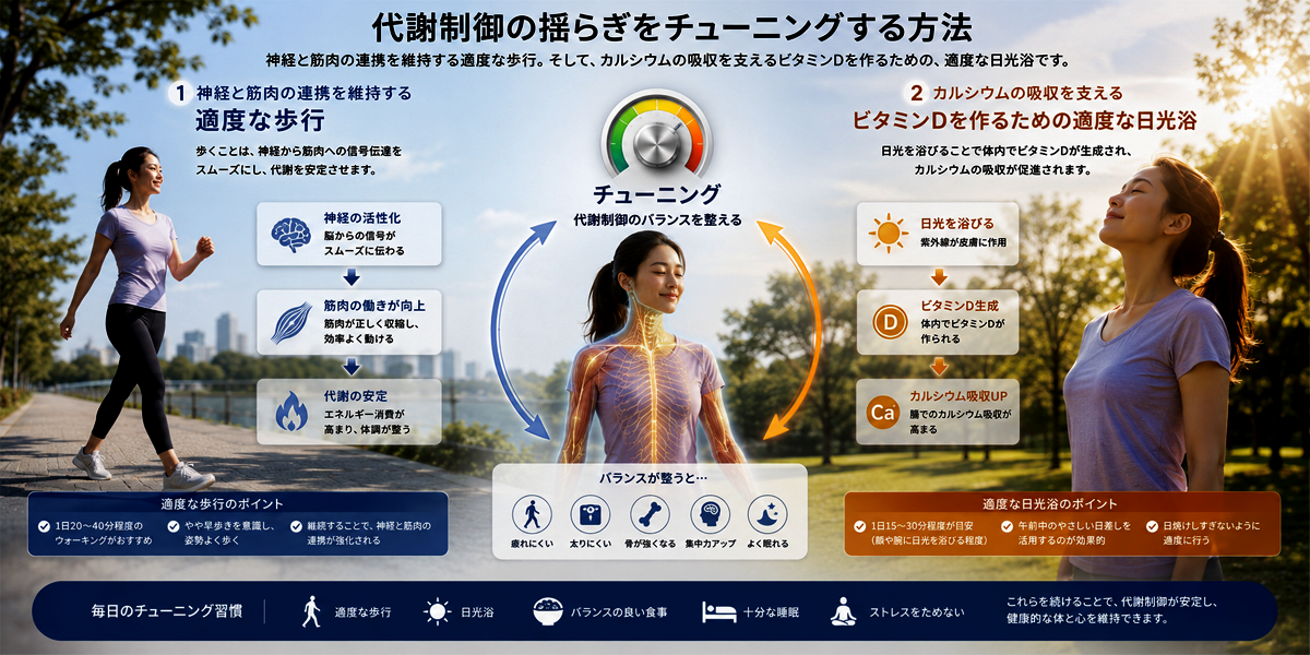運動と日光浴によるビタミンDの生成を促すカルシオンチューニングを表す画像